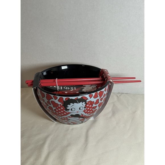 The Unbranded Brand Other - Betty Boop Hearts Ramen Noodle Ceramic Bowl Chopsticks New